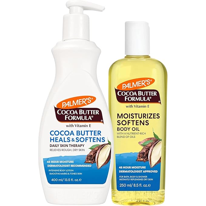 بالمرز زيت الجسم بزبدة الكاكاو من بالمر + لوشن الجسم، حزمة العناية بالبشرة الجافة من Value Skin، يوفر ترطيب لمدة 48 ساعة للبشرة الجافة والخشنة، ويشمل لوشن مرطب واحد (13.5 أونصة سائلة) وزيت بشرة واحد (8.5 أونصة سائلة) - Image 1